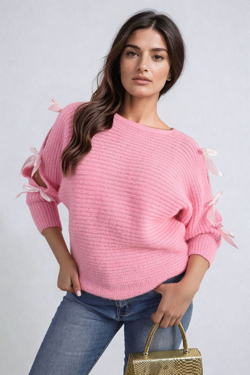 Cut Out Tie Bow Sleeve Detail Chunky Knitted Top