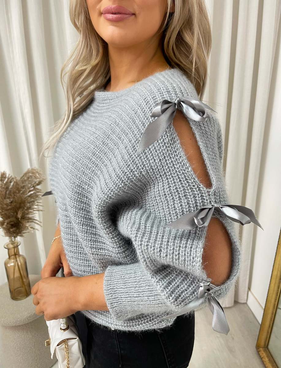 Cut Out Tie Bow Sleeve Detail Chunky Knitted Top