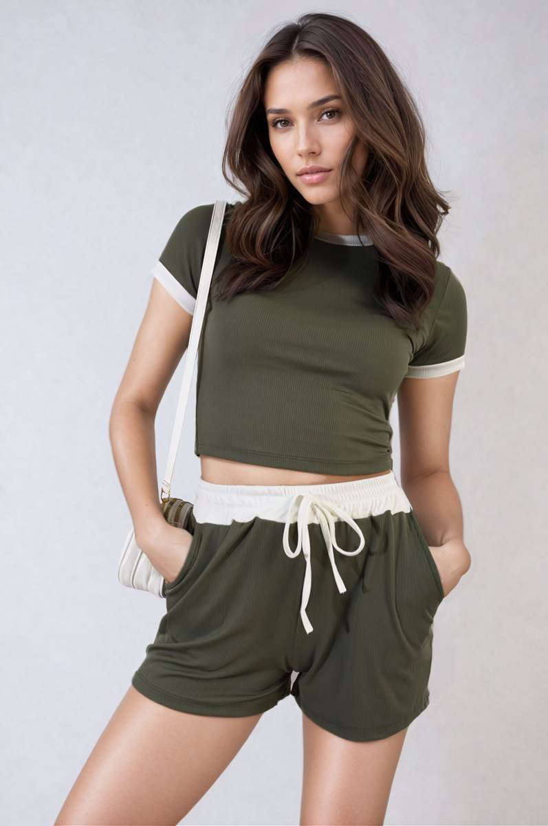 Contrast Rib Knit Crop Top and Drawstring Waist Short Set