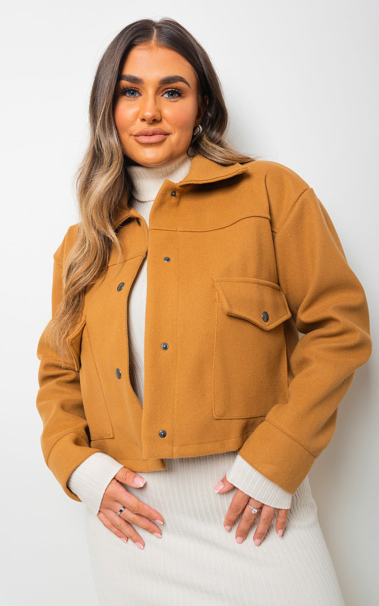 Cropped Long Sleeve Collared Jacket with Pockets