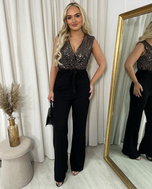 Elegant V-Neck Sequin Top Jumpsuit