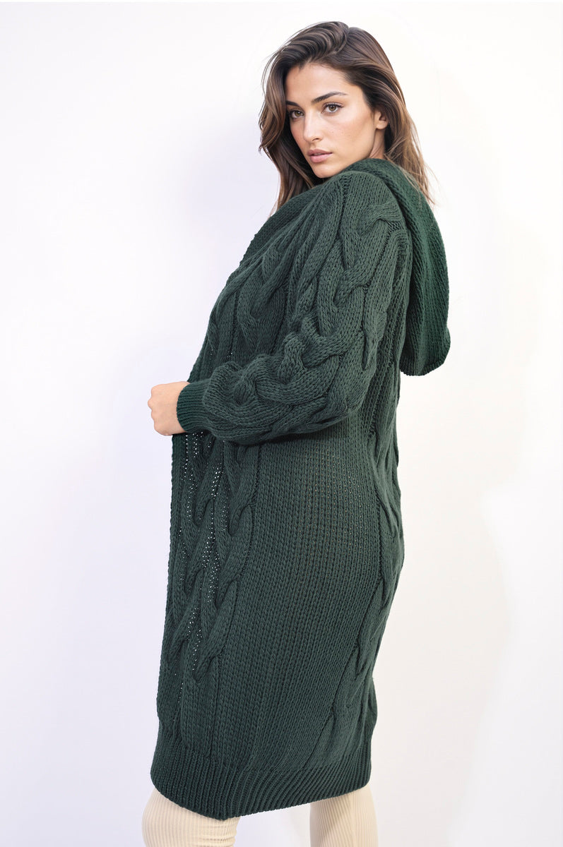 Chunky Cable Knitted Oversized Longline Hooded Cardigan