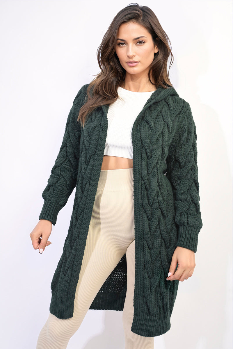 Chunky Cable Knitted Oversized Longline Hooded Cardigan