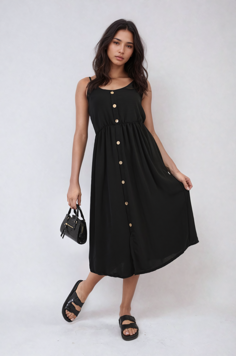 Button Front Strappy Midi Dress