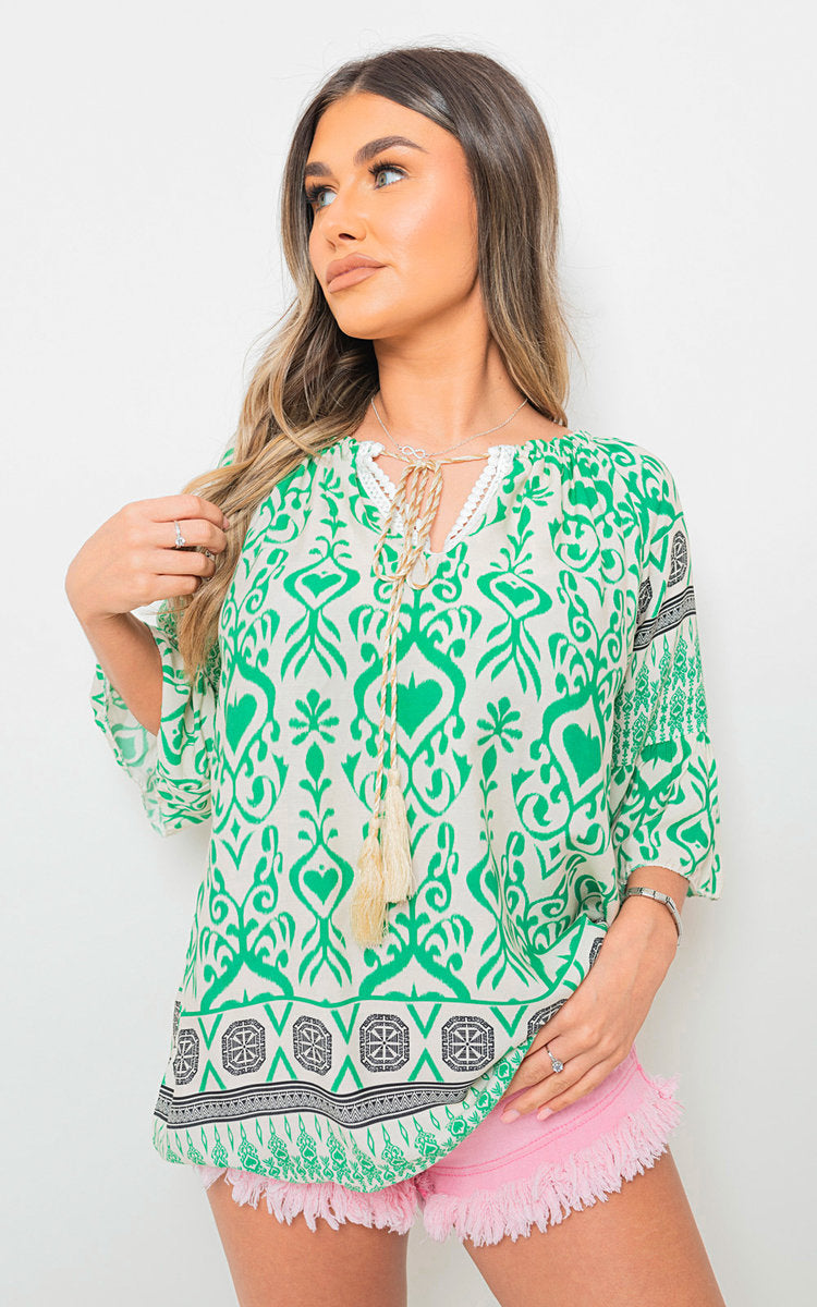 Boho Printed Tassel Tie Neck Long Sleeve Loose Tops