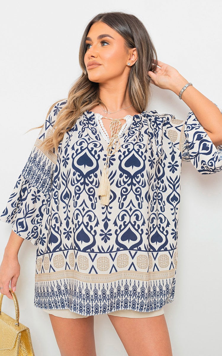 Boho Printed Tassel Tie Neck Long Sleeve Loose Tops