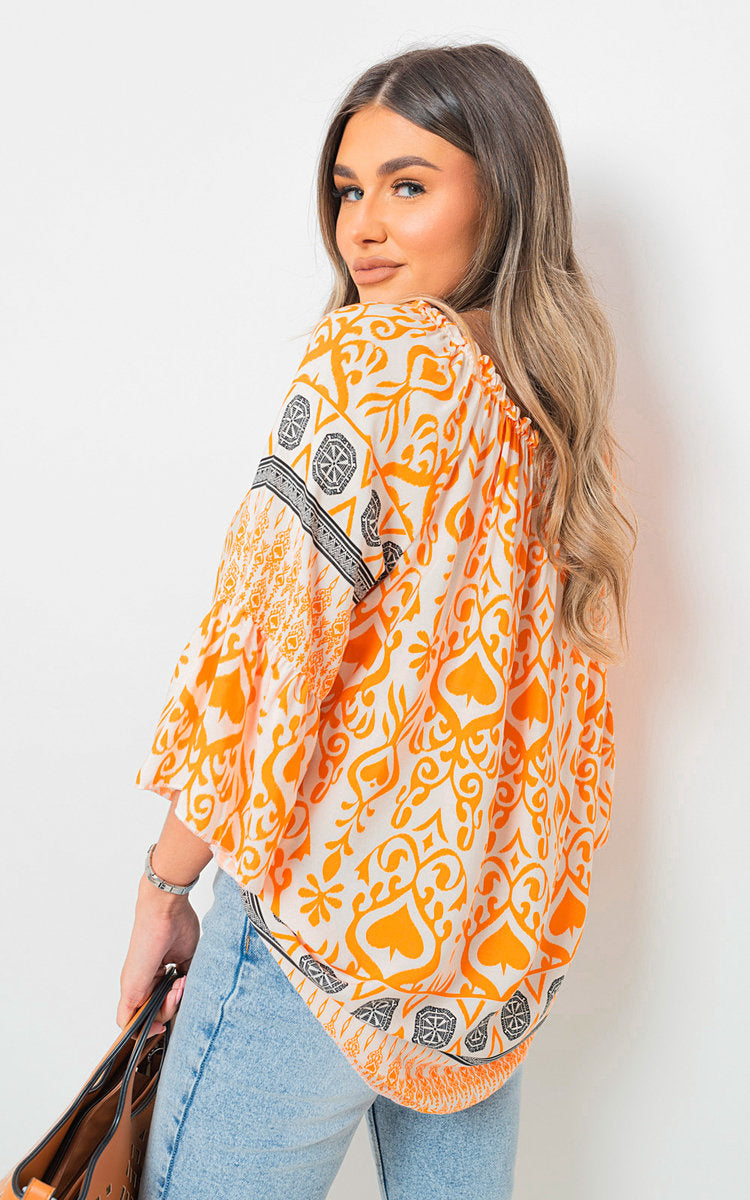 Boho Printed Tassel Tie Neck Long Sleeve Loose Tops