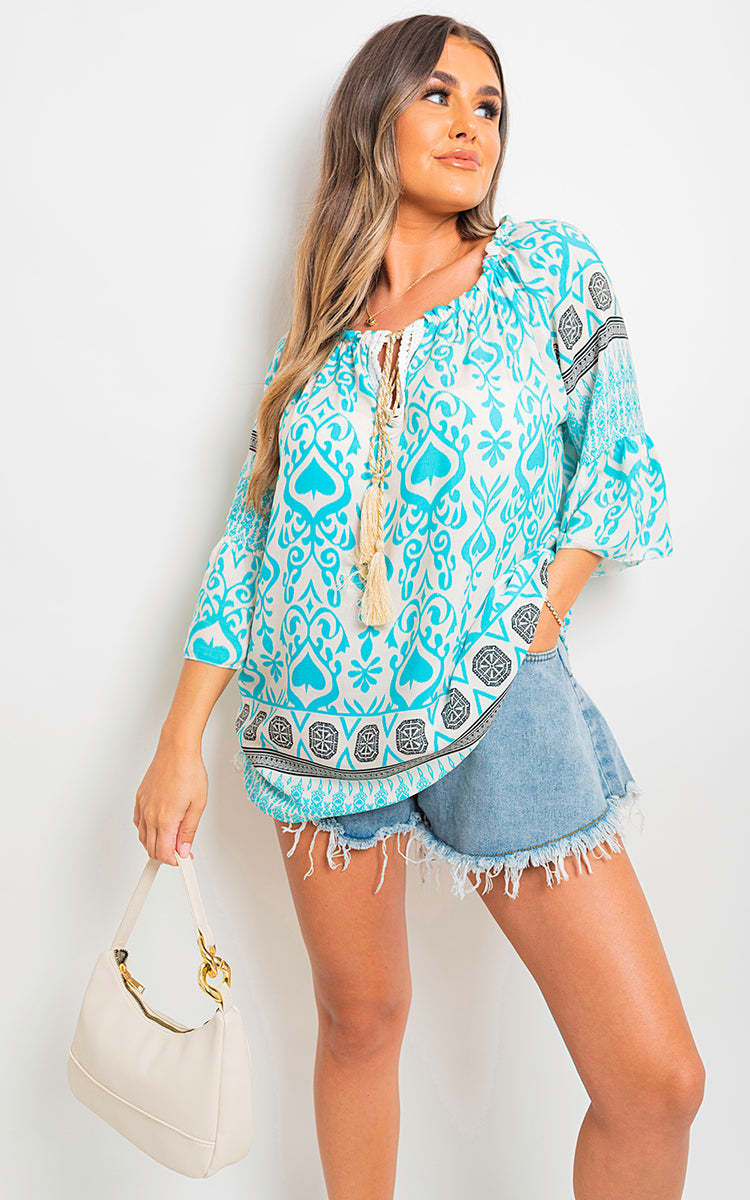 Boho Printed Tassel Tie Neck Long Sleeve Loose Tops