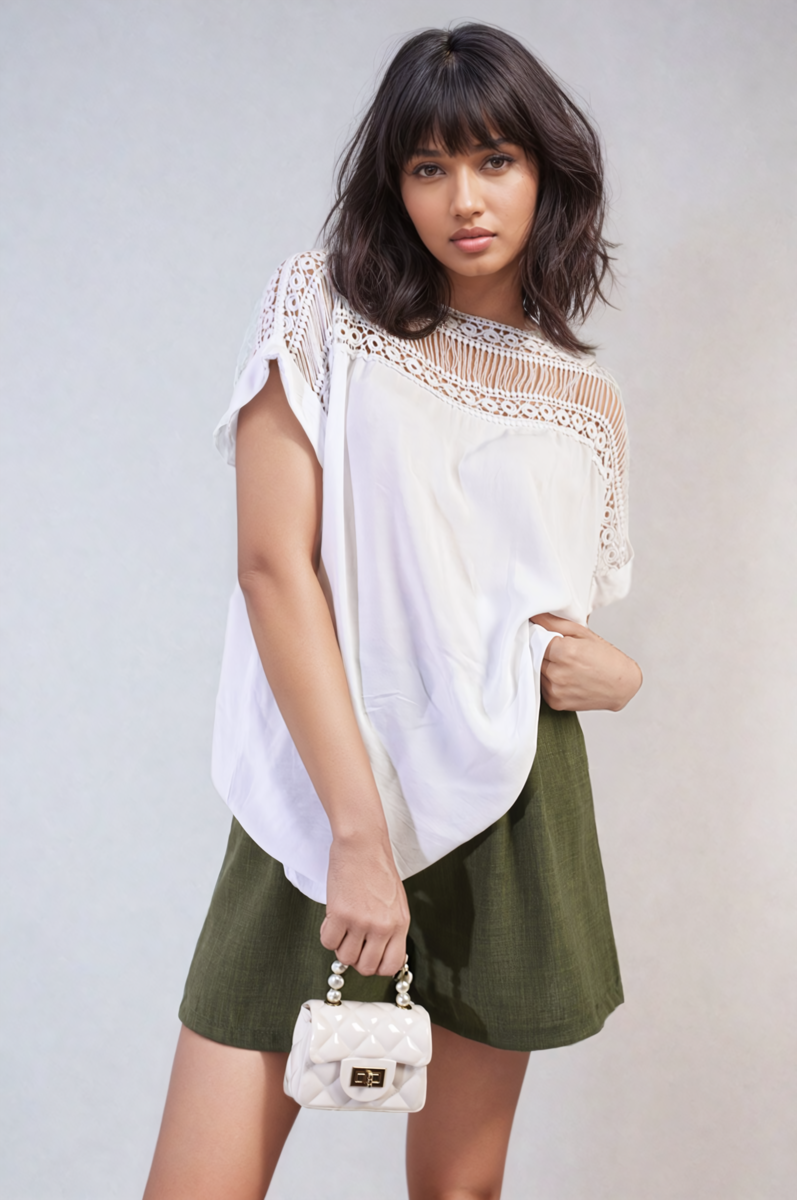 Lace Insert Round Neck Hollow Top