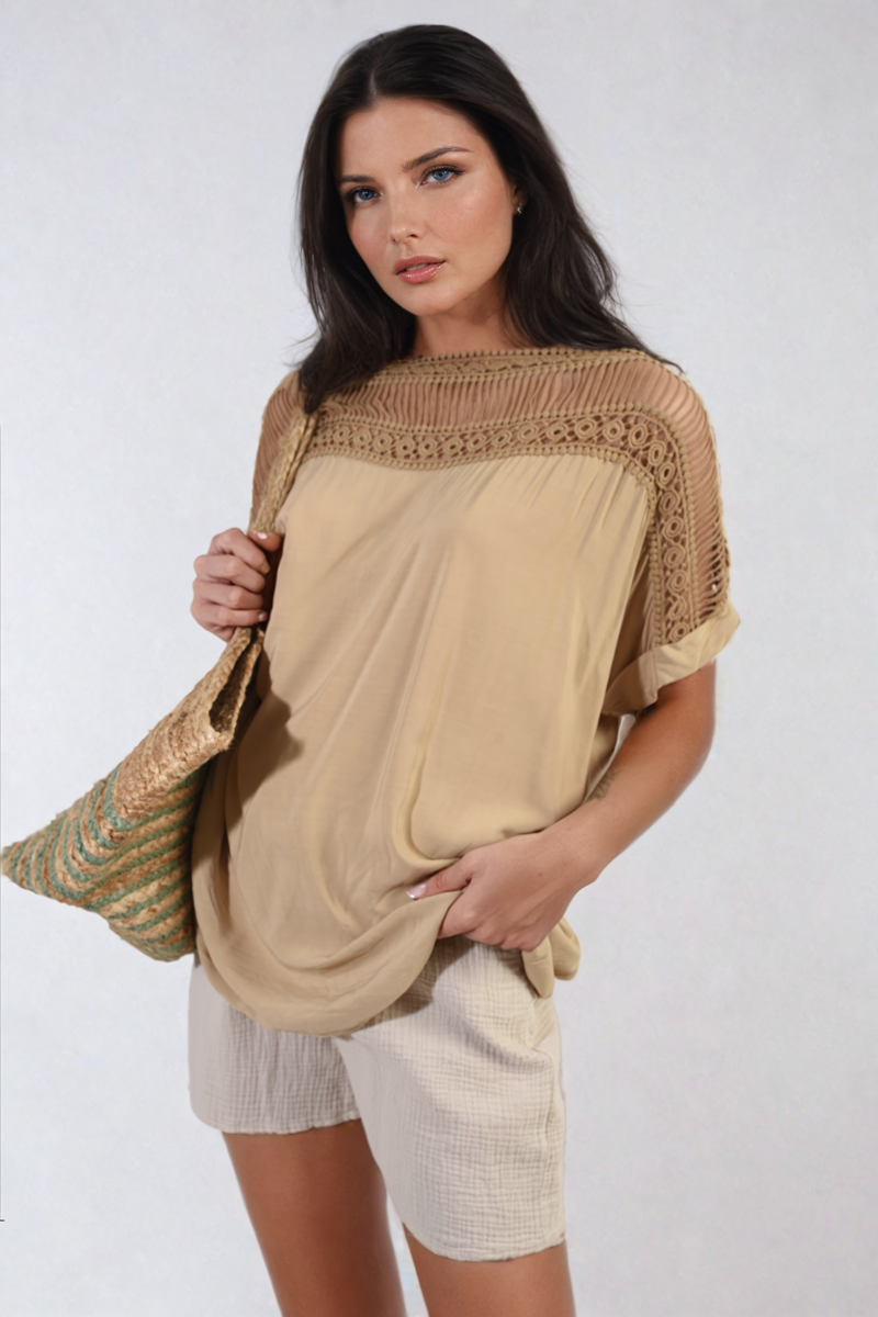 Lace Insert Round Neck Hollow Top