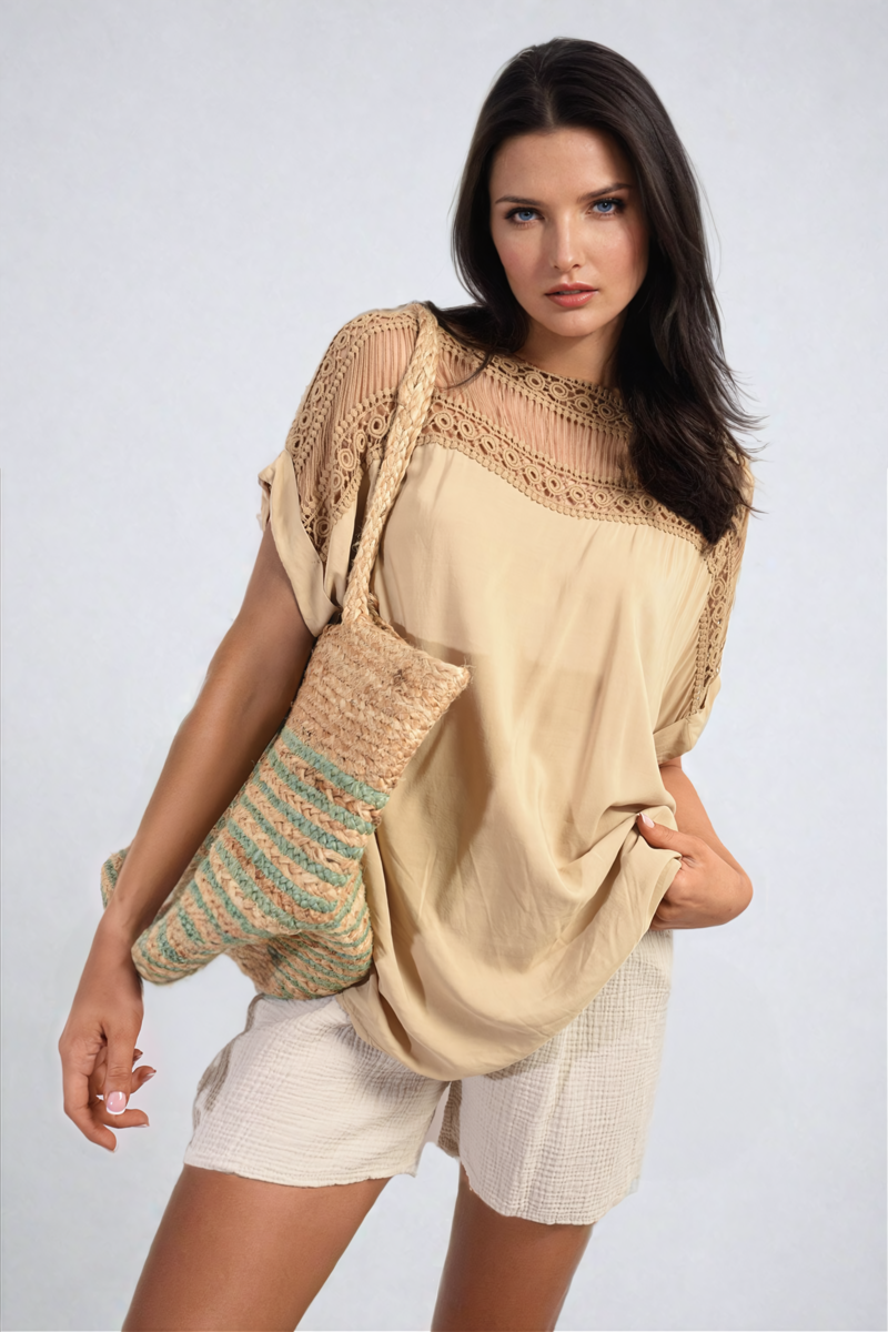 Lace Insert Round Neck Hollow Top