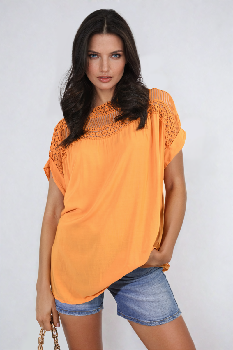 Lace Insert Round Neck Hollow Top