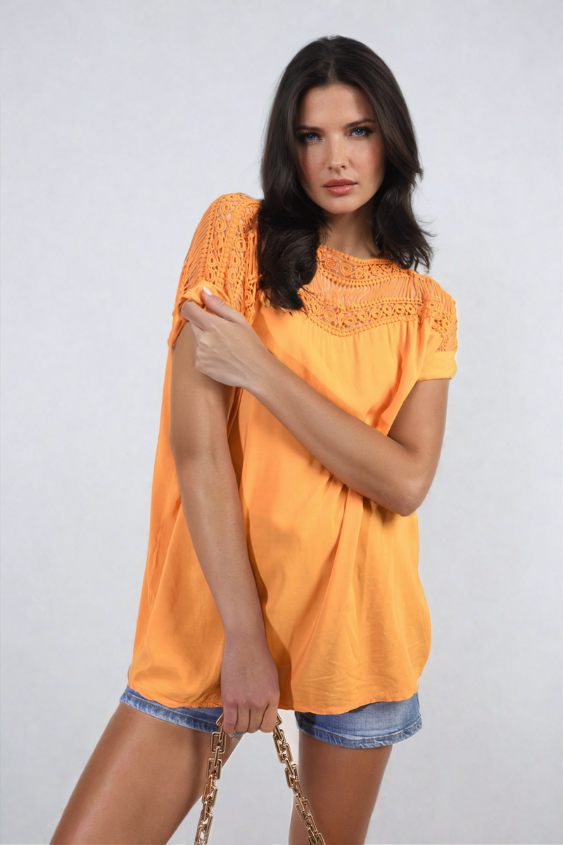 Lace Insert Round Neck Hollow Top