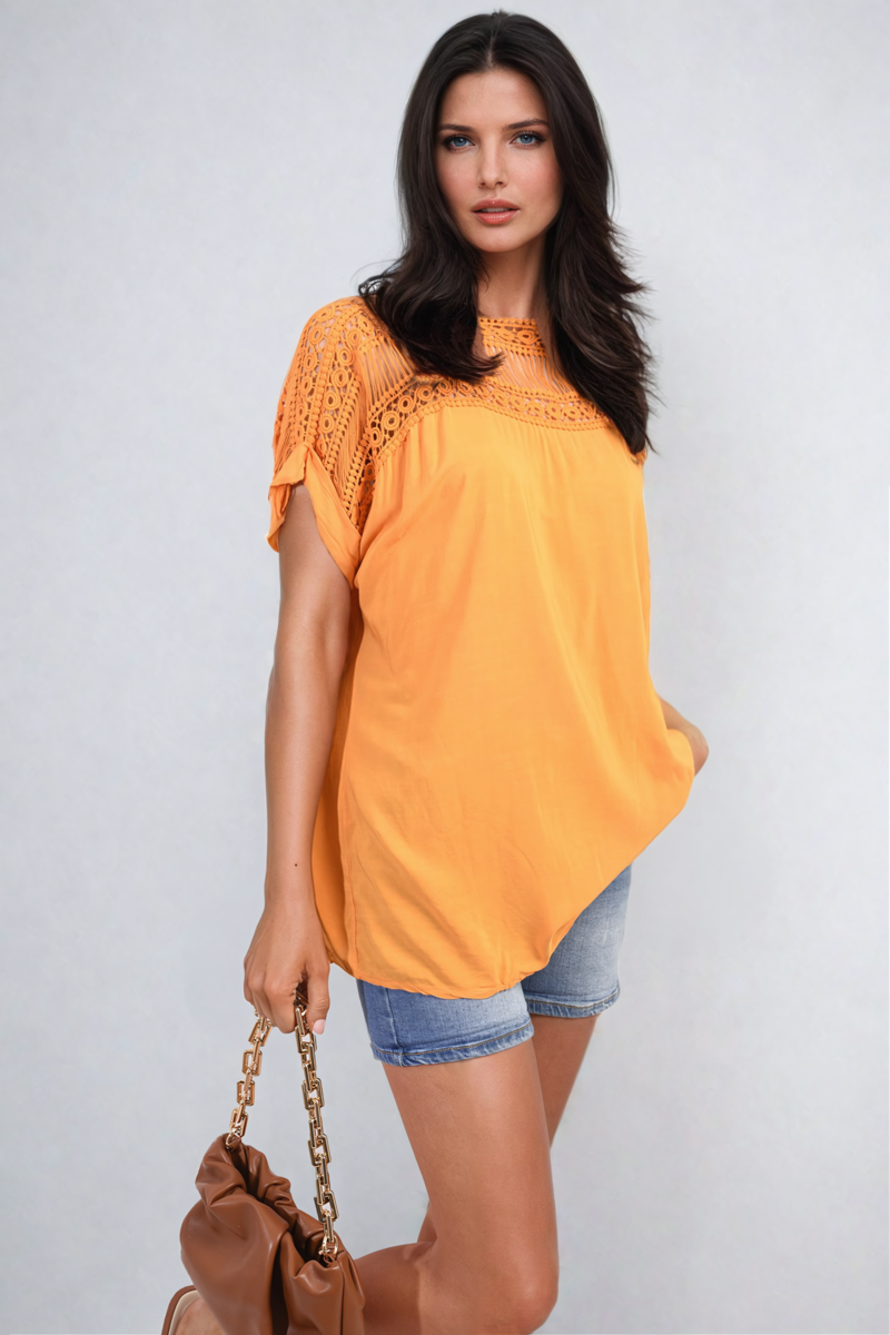 Lace Insert Round Neck Hollow Top