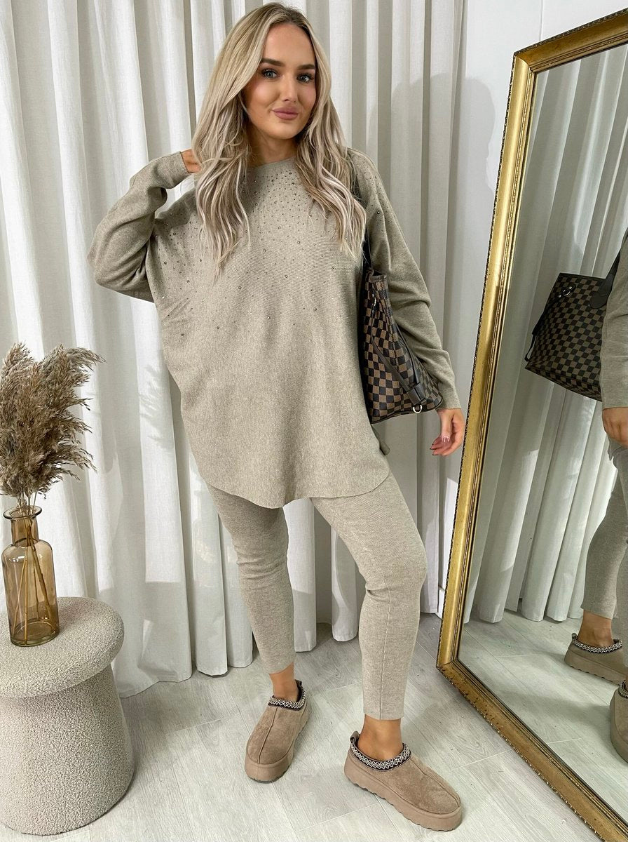 Oversized Rhinestone Detail Long Sleeve Top and Leggings Co-ord Set