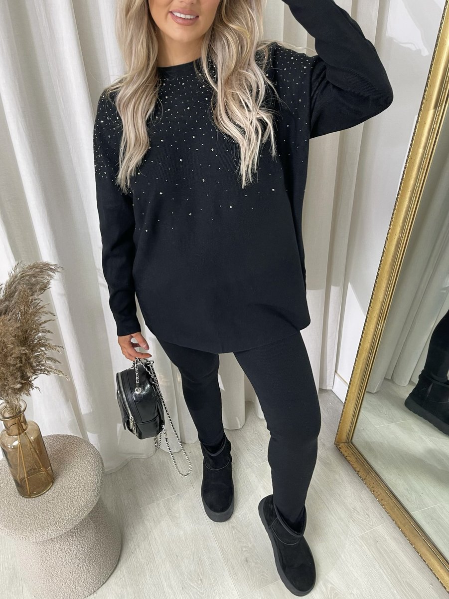 Oversized Rhinestone Detail Long Sleeve Top and Leggings Co-ord Set