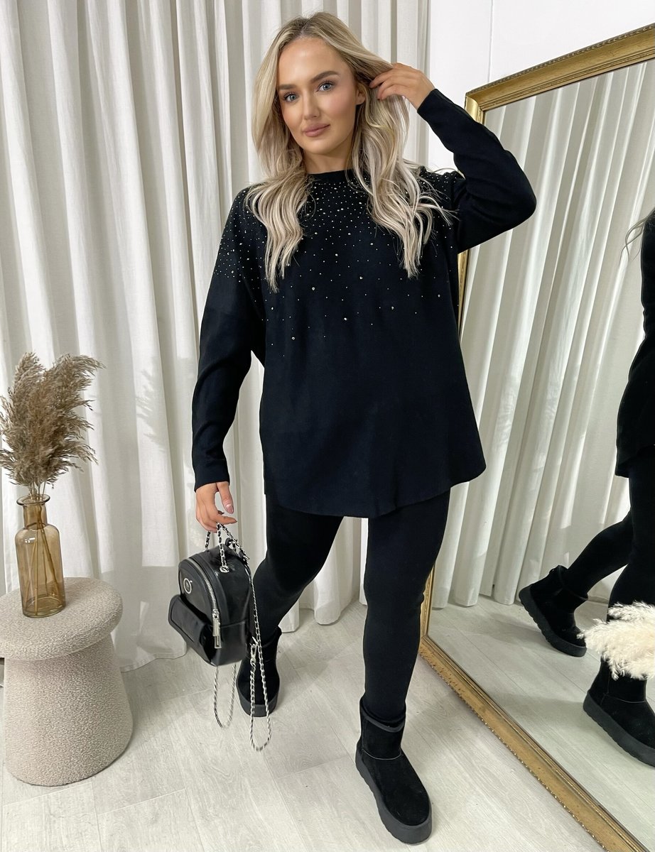 Oversized Rhinestone Detail Long Sleeve Top and Leggings Co-ord Set