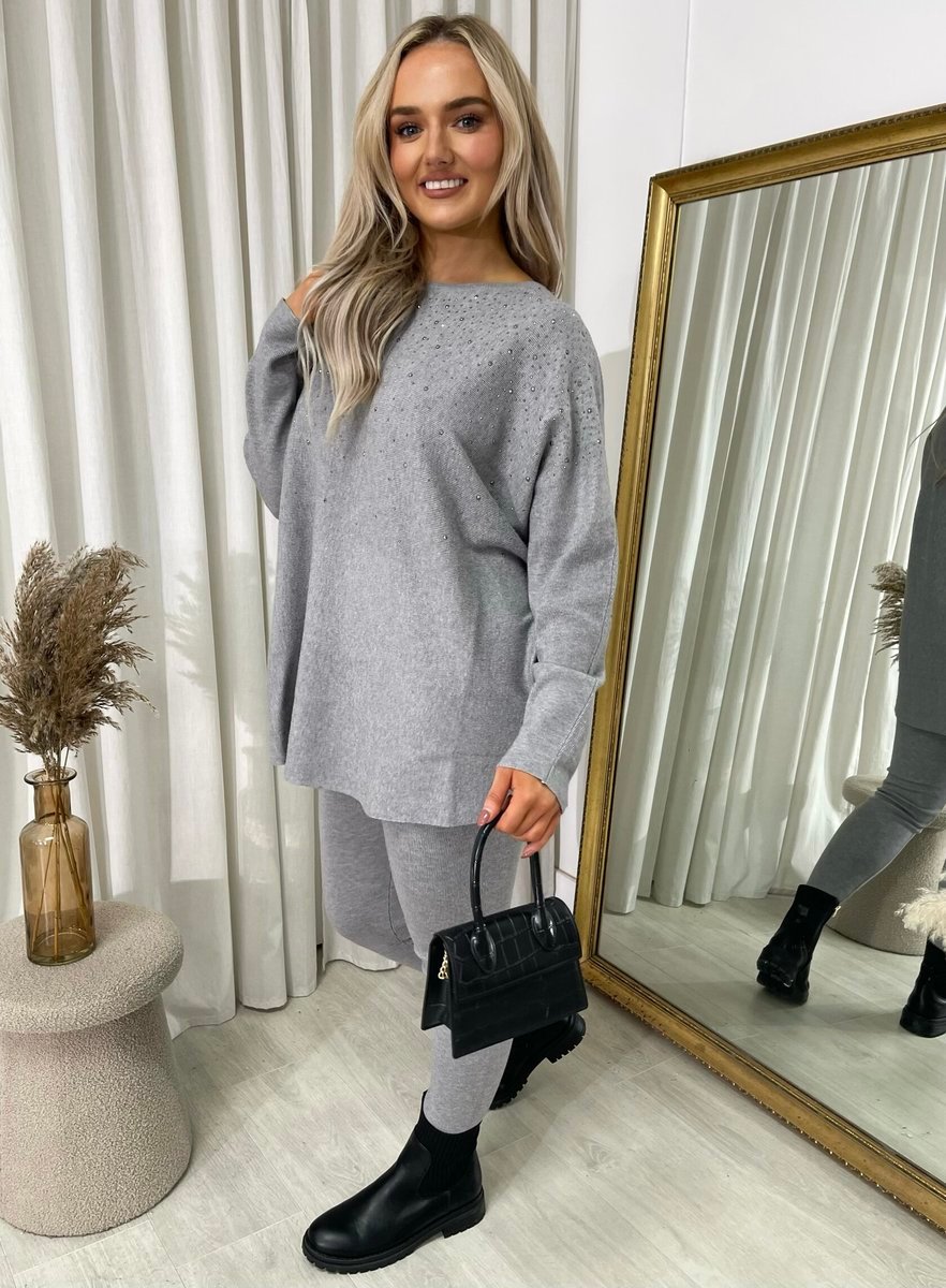 Oversized Rhinestone Detail Long Sleeve Top and Leggings Co-ord Set