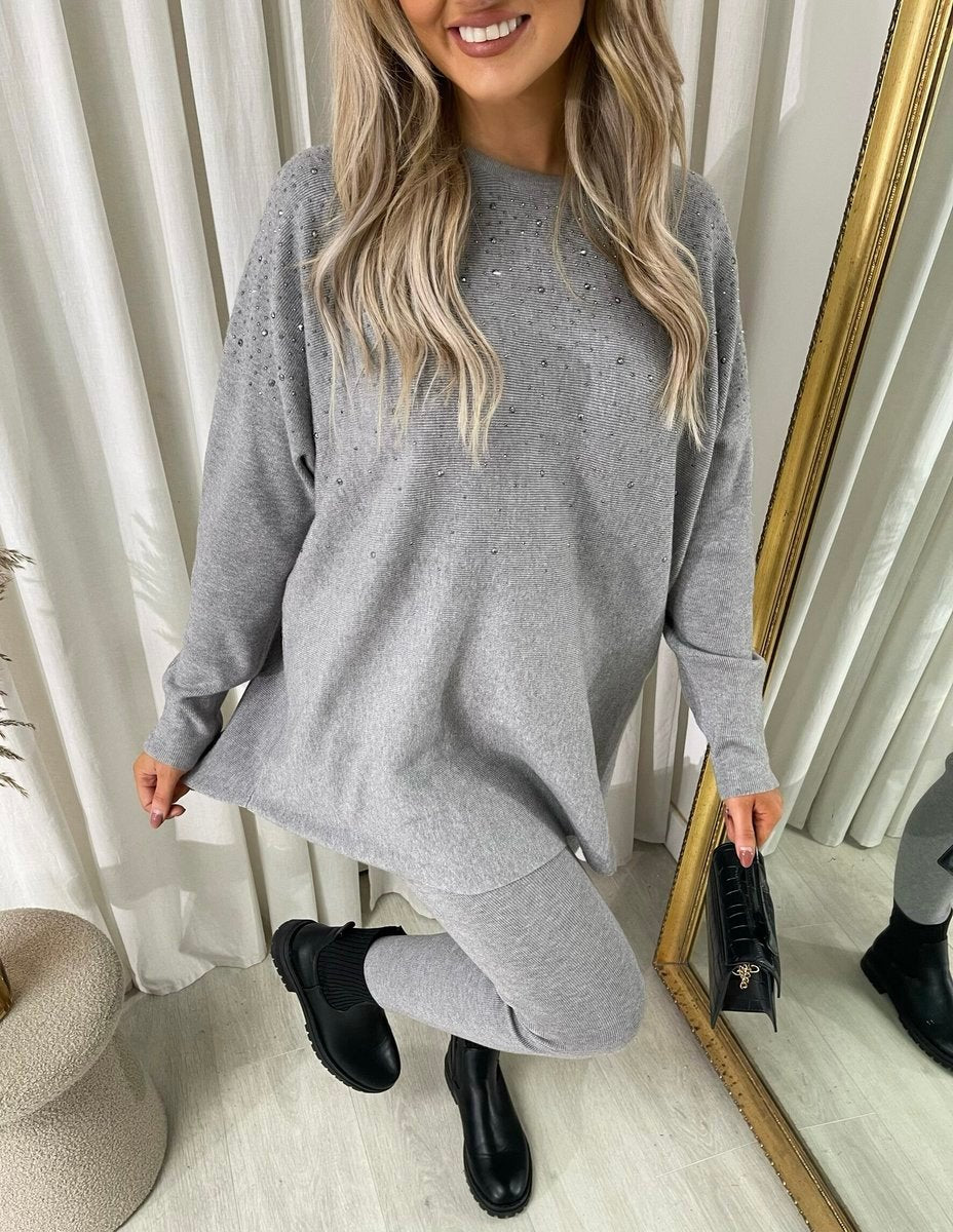 Oversized Rhinestone Detail Long Sleeve Top and Leggings Co-ord Set