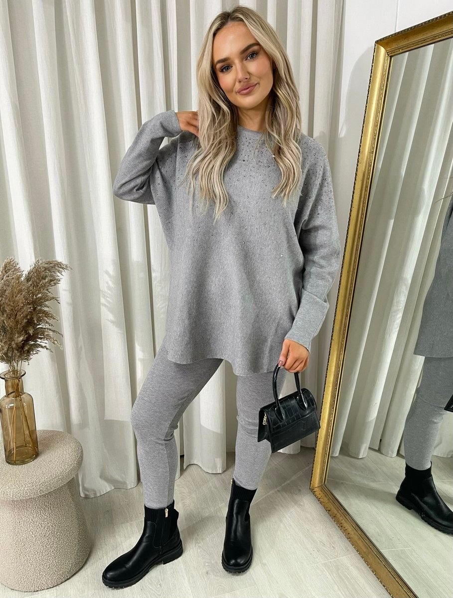 Oversized Rhinestone Detail Long Sleeve Top and Leggings Co-ord Set