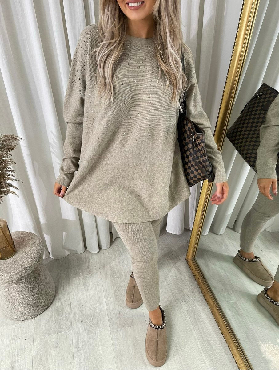 Oversized Rhinestone Detail Long Sleeve Top and Leggings Co-ord Set