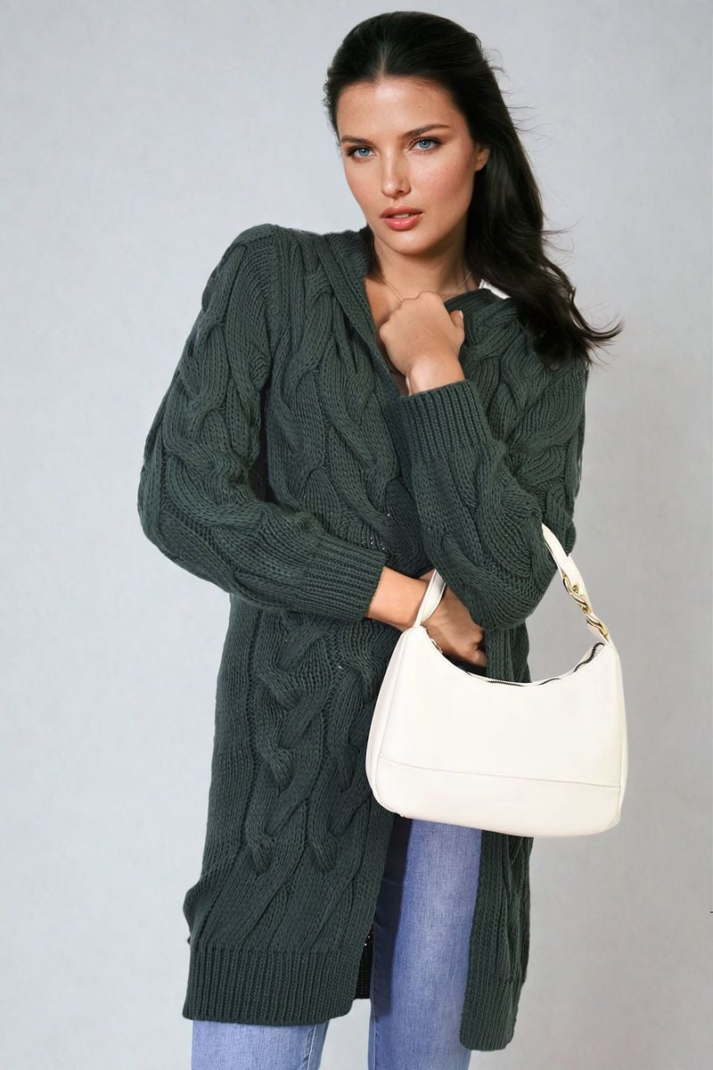 Chunky Cable Knitted Oversized Longline Hooded Cardigan